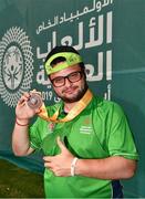 20 March 2019; Team Ireland's Omer Teko, a member of United Warriors Special Olympics Club, from Dublin 12, Co. Dublin, after the presentation to Team Ireland seven a-side squad who collected their Bronze Medals on Day Six of the 2019 Special Olympics World Games in Zayed Sports City, Airport Road, Abu Dhabi, United Arab Emirates. Photo by Ray McManus/Sportsfile