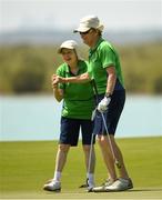 20 March 2019; Team Ireland's Mairead Moroney, a member of the Ennis SOGC, from Ennis, Co. Clare, who has the distinction of being the oldest athlete at the Games, and her Alternate Shot Tean Play Partner Jean Molony on the 18th after finishing her Level 2 - Unified Alternate Shot Team Play Competition on Day Six of the 2019 Special Olympics World Games in Yas Links, Yas Island, Abu Dhabi, United Arab Emirates  Photo by Ray McManus/Sportsfile