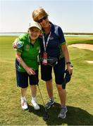 20 March 2019; Team Ireland's Mairead Moroney, left, a member of the Ennis SOGC, from Ennis, Co. Clare, who has the distinction of being the oldest athlete at the Games, celebrates with Golf Coach / Chaperone Rita McNally after finishing her Level 2 - Unified Alternate Shot Team Play Competition on Day Six of the 2019 Special Olympics World Games in Yas Links, Yas Island, Abu Dhabi, United Arab Emirates  Photo by Ray McManus/Sportsfile