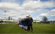 20 March 2019; Players from both sides stand for the national anthem during the FAI Schools Dr. Tony O’Neill Senior National Cup Final match between Carndonagh Community School and Midleton CBS at Home Farm FC in Whitehall, Dublin. Photo by David Fitzgerald/Sportsfile