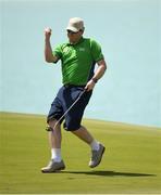 20 March 2019; Team Ireland's John Keating, a member of the Elm Eagles Special Olympics Club, from Dublin 16, Co. Dublin, who won a Gold Medal, celebrates sinking a putt on the 10th green during his Level 5 - Individual Stroke Play Competition on Day Six of the 2019 Special Olympics World Games in Yas Links, Yas Island, Abu Dhabi, United Arab Emirates.  Photo by Ray McManus/Sportsfile