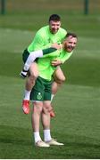 20 March 2019; Richard Keogh and Enda Stevens during a Republic of Ireland training session at the FAI National Training Centre in Abbotstown, Dublin. Photo by Stephen McCarthy/Sportsfile