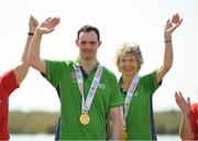 20 March 2019; Team Ireland's Andrew Simington, a member of Blackrock Flyers Special Olympics Club, from Dalkey, Co. Dublin, and his Alternate Shot Team Play Partner Phyl Kelleher as they collect the Gold Medal in the  Level 2 - Unified Alternate Shot Team Play Competition on Day Six of the 2019 Special Olympics World Games in Yas Links, Yas Island, Abu Dhabi, United Arab Emirates  Photo by Ray McManus/Sportsfile