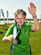 20 March 2019; Team Ireland's Mairead Moroney, a member of the Ennis SOGC, from Ennis, Co. Clare, who has the distinction of being the oldest athlete at the Games,  after she had collected her Silver Medal in the Level 2 - Unified Alternate Shot Team Play Competition on Day Six of the 2019 Special Olympics World Games in Yas Links, Yas Island, Abu Dhabi, United Arab Emirates  Photo by Ray McManus/Sportsfile
