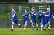 20 March 2019; Jack Doherty of Carndonagh Community Scool, left, celebrates after scoring his side's first goal during the FAI Schools Dr. Tony O’Neill Senior National Cup Final match between Carndonagh Community School and Midleton CBS at Home Farm FC in Whitehall, Dublin. Photo by David Fitzgerald/Sportsfile