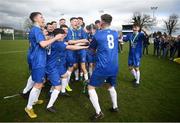 20 March 2019; Carndonagh Community Scool players celebrate following the FAI Schools Dr. Tony O’Neill Senior National Cup Final match between Carndonagh Community School and Midleton CBS at Home Farm FC in Whitehall, Dublin. Photo by David Fitzgerald/Sportsfile