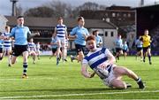20 March 2019; Ethan Laing of Blackrock College scores his side's third try during the Bank of Ireland Leinster Schools Junior Cup Final match between Blackrock College and St Michael’s College at Energia Park in Donnybrook, Dublin. Photo by Piaras Ó Mídheach/Sportsfile