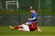 20 March 2019; Luke Rudden of Carndonagh Community School is tackled by Shane O'Riordan of Midleton CBS during the FAI Schools Dr. Tony O’Neill Senior National Cup Final match between Carndonagh Community School and Midleton CBS at Home Farm FC in Whitehall, Dublin. Photo by David Fitzgerald/Sportsfile