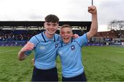 20 March 2019; St Michael's College players, Dan Carroll, left, and Fintan Gunne celebrate after the Bank of Ireland Leinster Schools Junior Cup Final match between Blackrock College and St Michael’s College at Energia Park in Donnybrook, Dublin. Photo by Piaras Ó Mídheach/Sportsfile