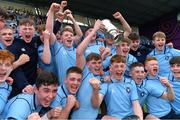 20 March 2019; St Michael's College captain Zach Baird and his team-mates celebrate with the cup after the Bank of Ireland Leinster Schools Junior Cup Final match between Blackrock College and St Michael’s College at Energia Park in Donnybrook, Dublin. Photo by Piaras Ó Mídheach/Sportsfile