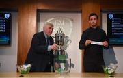 20 March 2019; Former Republic of Ireland international Keith Fahey draws the name of Rockmount alongside FAI Vice President Noel Fitzroy during the FAI Senior Cup Qualifying Round Draw at FAI NTC in Abbotstown, Dublin. Photo by David Fitzgerald/Sportsfile