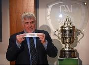 20 March 2019; FAI Vice President Noel Fitzroy draws the name of Newtown Rangers during the FAI Senior Cup Qualifying Round Draw at FAI NTC in Abbotstown, Dublin. Photo by David Fitzgerald/Sportsfile