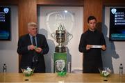20 March 2019; Former Republic of Ireland international Keith Fahey draws the name of Home Farm alongside FAI Vice President Noel Fitzroy during the FAI Senior Cup Qualifying Round Draw at FAI NTC in Abbotstown, Dublin. Photo by David Fitzgerald/Sportsfile