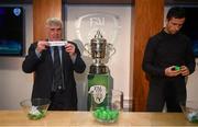 20 March 2019; FAI Vice President Noel Fitzroy draws the name of Glebe North alongside former Republic of Ireland international Keith Fahey during the FAI Senior Cup Qualifying Round Draw at FAI NTC in Abbotstown, Dublin. Photo by David Fitzgerald/Sportsfile