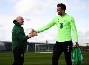 20 March 2019; Shane Duffy and Bobby Ward, head of Republic of Ireland team security, during a Republic of Ireland training session at the FAI National Training Centre in Abbotstown, Dublin. Photo by Stephen McCarthy/Sportsfile