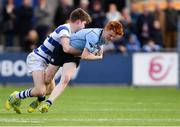 20 March 2019; Tiernan Hurley of St Michael's College is tackled by Max Caskey of Blackrock College during the Bank of Ireland Leinster Schools Junior Cup Final match between Blackrock College and St Michael’s College at Energia Park in Donnybrook, Dublin. Photo by Piaras Ó Mídheach/Sportsfile