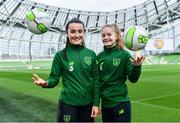 21 March 2019; Media personality and mum of three Yvonne Connolly and her daughter Ali Keating officially kicked off the FAI Aviva Soccer Sisters Easter Football Festival this morning at Aviva Stadium alongside Ireland international players Niamh Farrelly and Izzy Atkinson. This year’s programme has been revamped, now offering FREE camps over the Easter period (15th – 26th April) for girls aged between 6 – 14 years old. Over 6,000 girls from clubs around the country are expected to take part. See soccersisters.ie or #SafeToDream for details. In attendance at the launch are Republic of Ireland internationals Niamh Farrelly, left, and Izzy Atkinson at the Aviva Stadium in Dublin. Photo by Sam Barnes/Sportsfile