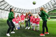 21 March 2019; Media personality and mum of three Yvonne Connolly and her daughter Ali Keating officially kicked off the FAI Aviva Soccer Sisters Easter Football Festival this morning at Aviva Stadium alongside Ireland international players Niamh Farrelly and Izzy Atkinson. This year’s programme has been revamped, now offering FREE camps over the Easter period (15th – 26th April) for girls aged between 6 – 14 years old. Over 6,000 girls from clubs around the country are expected to take part. See soccersisters.ie or #SafeToDream for details. In attendance at the launch are Republic of Ireland internationals Niamh Farrelly, left, and Izzy Atkinson, along with Yvonne Connolly and her duaghter Ali Keating, aged 13, centre, and attendees at the Aviva Stadium in Dublin. Photo by Sam Barnes/Sportsfile