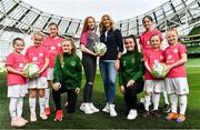 21 March 2019; Media personality and mum of three Yvonne Connolly and her daughter Ali Keating officially kicked off the FAI Aviva Soccer Sisters Easter Football Festival this morning at Aviva Stadium alongside Ireland international players Niamh Farrelly and Izzy Atkinson. This year’s programme has been revamped, now offering FREE camps over the Easter period (15th – 26th April) for girls aged between 6 – 14 years old. Over 6,000 girls from clubs around the country are expected to take part. See soccersisters.ie or #SafeToDream for details. In attendance at the launch are, from left, Penny Roache, Pixi Roache, Abbie Larkin, Izzy Atkinson, Ali Keating, Yvonne Connolly, Niamh Farrelly, Emily Short, Caoimhe Nannery and Eden Murphy at the Aviva Stadium in Dublin. Photo by Sam Barnes/Sportsfile
