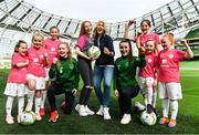 21 March 2019; Media personality and mum of three Yvonne Connolly and her daughter Ali Keating officially kicked off the FAI Aviva Soccer Sisters Easter Football Festival this morning at Aviva Stadium alongside Ireland international players Niamh Farrelly and Izzy Atkinson. This year’s programme has been revamped, now offering FREE camps over the Easter period (15th – 26th April) for girls aged between 6 – 14 years old. Over 6,000 girls from clubs around the country are expected to take part. See soccersisters.ie or #SafeToDream for details. In attendance at the launch are, from left, Penny Roache, Pixi Roache, Abbie Larkin, Izzy Atkinson, Ali Keating, Yvonne Connolly, Niamh Farrelly, Emily Short, Caoimhe Nannery and Eden Murphy at the Aviva Stadium in Dublin. Photo by Sam Barnes/Sportsfile