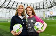 21 March 2019; Media personality and mum of three Yvonne Connolly and her daughter Ali Keating officially kicked off the FAI Aviva Soccer Sisters Easter Football Festival this morning at Aviva Stadium alongside Ireland international players Niamh Farrelly and Izzy Atkinson. This year’s programme has been revamped, now offering FREE camps over the Easter period (15th – 26th April) for girls aged between 6 – 14 years old. Over 6,000 girls from clubs around the country are expected to take part. See soccersisters.ie or #SafeToDream for details. In attendance at the launch are Yvonne Connolly, and her daughter, Ali Keating, aged 13, at the Aviva Stadium in Dublin. Photo by Sam Barnes/Sportsfile