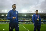 21 March 2019; Northern Ireland players Stuart Dallas, left, and Niall McGinn prior to the UEFA EURO2020 Qualifier - Group C match between Northern Ireland and Estonia at National Football Stadium in Windsor Park, Belfast. Photo by David Fitzgerald/Sportsfile