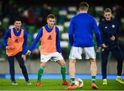 21 March 2019; Steven Davis of Northern Ireland, second from left, and team-mates warm up prior to the UEFA EURO2020 Qualifier - Group C match between Northern Ireland and Estonia at National Football Stadium in Windsor Park, Belfast.  Photo by David Fitzgerald/Sportsfile