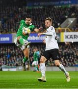 21 March 2019; Jordan Jones of Northern Ireland in action against Artjom Dmitrijev of Estonia during the UEFA EURO2020 Qualifier - Group C match between Northern Ireland and Estonia at National Football Stadium in Windsor Park, Belfast.  Photo by David Fitzgerald/Sportsfile