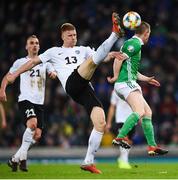 21 March 2019; Madis Vihmann of Estonia in action against Shane Ferguson of Northern Ireland during the UEFA EURO2020 Qualifier - Group C match between Northern Ireland and Estonia at National Football Stadium in Windsor Park, Belfast.  Photo by David Fitzgerald/Sportsfile