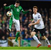 21 March 2019; Kyle Lafferty of Northern Ireland in action against Madis Vihmann of Estonia the UEFA EURO2020 Qualifier - Group C match between Northern Ireland and Estonia at National Football Stadium in Windsor Park, Belfast.  Photo by David Fitzgerald/Sportsfile