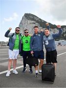 22 March 2019; Republic of Ireland supporters, from left, David Coleman, Ciaran Fadden, Shane Mulvaney and Steven Nugentin, from Perrystown, Dublin, pose for a photo as they cross the runway leading into Gibraltar for the UEFA EURO2020 clash between Gibaltar and Republic of Ireland at Victoria Stadium in Gibraltar on Satuday. Photo by Seb Daly/Sportsfile
