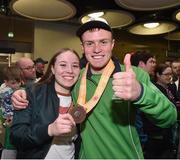 22 March 2019; Team Ireland's Daniel Byrne, a member of the United Warriors Special Olympics Club, from Lucan, Co. Dublin, who won a bronze medal with the Team Ireland soccer team, with his twin sister Ciara, on his return from the 2019 World Summer Games Abu Dhabi at Dublin Airport in Dublin. Photo by Matt Browne/Sportsfile