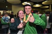 22 March 2019; Team Ireland's Daniel Byrne, a member of the United Warriors Special Olympics Club, from Lucan, Co. Dublin, who won a bronze medal with the Team Ireland soccer team, with his twin sister Ciara, on his return from the 2019 World Summer Games Abu Dhabi at Dublin Airport in Dublin. Photo by Matt Browne/Sportsfile