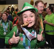 22 March 2019; Team Ireland's Sarah-Louise Rea, a member of Lisburn 2gether SOC, from Lisburn, Co. Antrim, who won Gold in Badminton on her return from the 2019 World Summer Games Abu Dhabi at Dublin Airport in Dublin. Photo by Matt Browne/Sportsfile