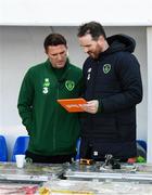 22 March 2019; Republic of Ireland assistant manager Robbie Keane, left, and performance analyst Ger Dunne prior to a Republic of Ireland training session at Victoria Stadium in Gibraltar. Photo by Stephen McCarthy/Sportsfile