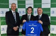 22 March 2019; Andrew Sinnott of Belvedere is presented with their jersey by Vinne Milroy, Bank of Ireland, left, and Tony Ward, Irish Independent, during the Leinster Rugby Schools Top 15 Jersey Presentation at BOI Ballsbridge in Dublin. Photo by Sam Barnes/Sportsfile