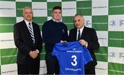 22 March 2019; Jack Boyle of St Michael's is presented with their jersey by Vinne Milroy, Bank of Ireland, left, and Tony Ward, Irish Independent, during the Leinster Rugby Schools Top 15 Jersey Presentation at BOI Ballsbridge in Dublin. Photo by Sam Barnes/Sportsfile