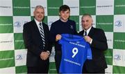 22 March 2019; Rob Gilsenan of St Michael's is presented with their jersey by Vinne Milroy, Bank of Ireland, left, and Tony Ward, Irish Independent, during the Leinster Rugby Schools Top 15 Jersey Presentation at BOI Ballsbridge in Dublin. Photo by Sam Barnes/Sportsfile