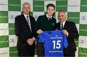 22 March 2019; Conor Hennessy of Gonzaga is presented with their jersey by Vinne Milroy, Bank of Ireland, left, and Tony Ward, Irish Independent, during the Leinster Rugby Schools Top 15 Jersey Presentation at BOI Ballsbridge in Dublin. Photo by Sam Barnes/Sportsfile