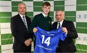 22 March 2019; Jack Connolly of Gonzaga is presented with their jersey by Vinne Milroy, Bank of Ireland, left, and Tony Ward, Irish Independent, during the Leinster Rugby Schools Top 15 Jersey Presentation at BOI Ballsbridge in Dublin. Photo by Sam Barnes/Sportsfile