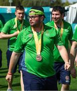 20 March 2019; Team Ireland's Omer Teko, a member of United Warriors Special Olympics Club, from Dublin 12, Co. Dublin, after the presentation to Team Ireland seven a-side squad who collected their Bronze Medals on Day Six of the 2019 Special Olympics World Games in Zayed Sports City, Airport Road, Abu Dhabi, United Arab Emirates. Photo by Ray McManus/Sportsfile