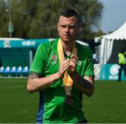 20 March 2019; Team Ireland's Wayne O'Callaghan, a member of the Ballincollig SO Club, from Vicarstown, Co. Cork, after the presentation to Team Ireland seven a-side squad who collected their Bronze Medals on Day Six of the 2019 Special Olympics World Games in Zayed Sports City, Airport Road, Abu Dhabi, United Arab Emirates. Photo by Ray McManus/Sportsfile