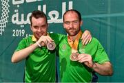 20 March 2019; Team Ireland's David Dunlea, left, a member of COPE Foundation, from Douglas, Co. Cork, and Team Ireland's Thomas O'Herlihy, a member of COPE Foundation, from Co. Cork, after the presentation to Team Ireland seven a-side squad who collected their Bronze Medals on Day Six of the 2019 Special Olympics World Games in Zayed Sports City, Airport Road, Abu Dhabi, United Arab Emirates. Photo by Ray McManus/Sportsfile