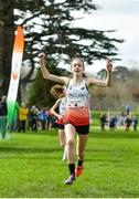 23 March 2019; Holly Weedall of Weaverham High School, Cheshire, England, crosses the line to win the Junior Girls event during the SIAB Schools Cross Country International at Santry Demense in Santry, Dublin. Photo by Sam Barnes/Sportsfile