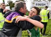 23 March 2019; Jack McCausland of Belfast Royal Academemical Institute, Co.Antrim, Ireland, right, is congratulated his father John McCausland after competing in the Junior Boys event  during the SIAB Schools Cross Country International at Santry Demense in Santry, Dublin. Photo by Sam Barnes/Sportsfile