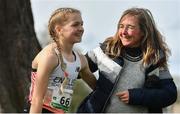 23 March 2019; Beatrice Wood of South Wiltshire Grammar School For Girls, Wiltshire, England, is congratulated by her mother Isabelle after winning the Intermediate Girls event during the SIAB Schools Cross Country International at Santry Demense in Santry, Dublin. Photo by Sam Barnes/Sportsfile