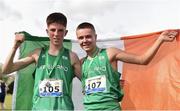 23 March 2019;Michael Morgan of Summerhill College, Co.Sligo, Ireland, left, and Scott Fagan of Luttrellstown CC, Co.Dublin, Ireland, celebrate with after winning a team silver medal in the intermediate boys event during the SIAB Schools Cross Country International at Santry Demense in Santry, Dublin. Photo by Sam Barnes/Sportsfile