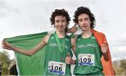 23 March 2019; Dean Casey, left, and twin brother Dylan Casey of St.Flannans College, Co. Galway, Ireland celebrate with after winning a team silver medal in the intermediate boys event during the SIAB Schools Cross Country International at Santry Demense in Santry, Dublin. Photo by Sam Barnes/Sportsfile