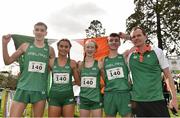 23 March 2019; Mixed relay silver medallists, from left, Fiontann Campbell of St Malachys College, Co.Antrim, Ireland, Ava O'Connor of Scoil Chriost Ri Portloaise, Co.Laois, Ireland, Emma Landers of Pobalscoil Ns Trionoide, Co.Cork, Ireland, and Matthew Lavery of St Malachys College, Co.Antrim, Ireland, with team manager Fintan Reilly during the SIAB Schools Cross Country International at Santry Demense in Santry, Dublin. Photo by Sam Barnes/Sportsfile