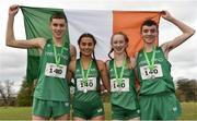 23 March 2019; Mixed relay silver medallists, from left, Fiontann Campbell of St Malachys College, Co.Antrim, Ireland, Ava O'Connor of Scoil Chriost Ri Portloaise, Co.Laois, Ireland, Emma Landers of Pobalscoil Ns Trionoide, Co.Cork, Ireland, and Matthew Lavery of St Malachys College, Co.Antrim, Ireland, during the SIAB Schools Cross Country International at Santry Demense in Santry, Dublin. Photo by Sam Barnes/Sportsfile